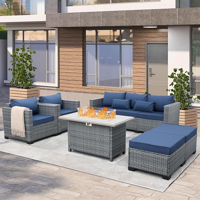 6 Pieces Wicker Patio Furniture Sets Outdoor Conversation Set PE Rattan Sectional Sofa Couch with 45" Fire Pit Table and Royal Blue Cushions