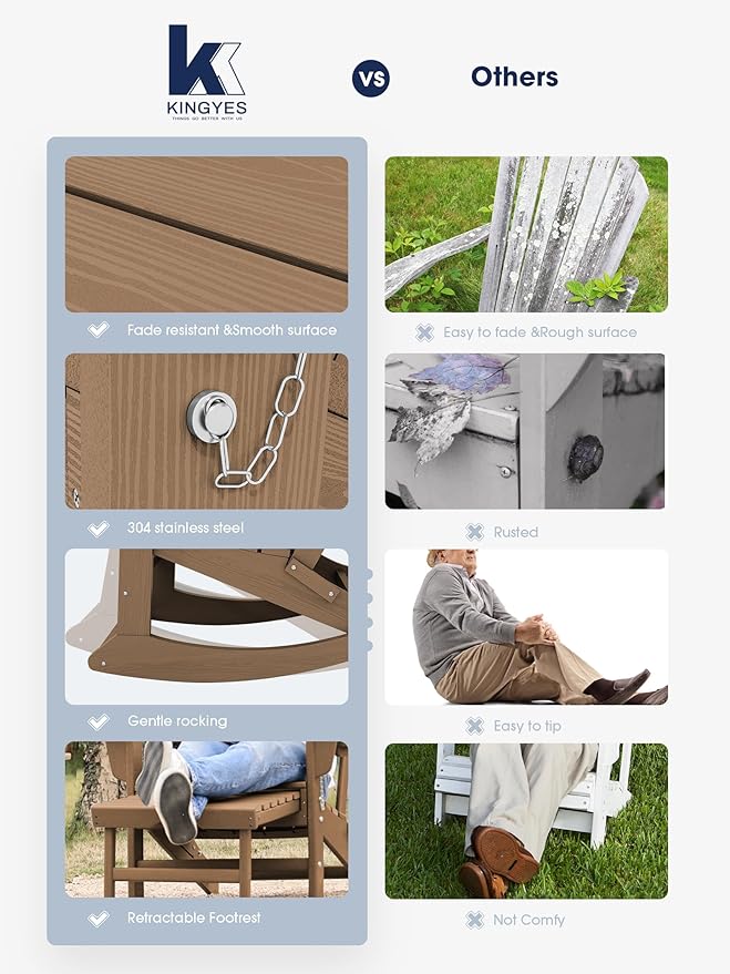 KINGYES Adirondack Rocking Chair Set of 4 with Retractable Ottoman and Cup Holders, HDPE Adirondack Rocker Patio Rocking Chair for Porch, Patio, Balcony, Brown