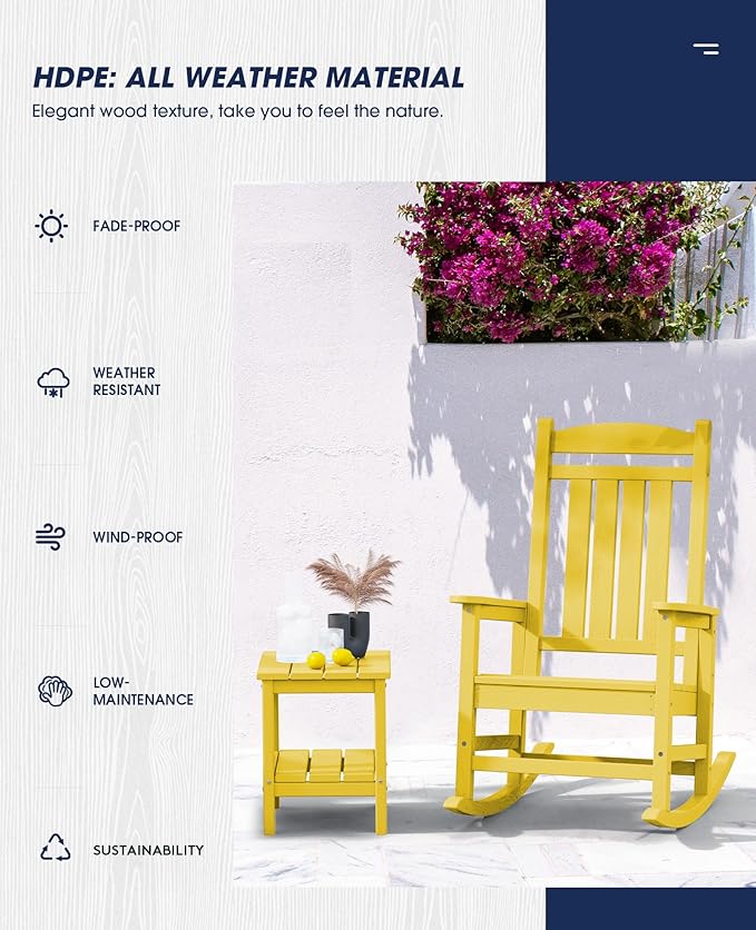KINGYES HDPE Outdoor Rocking Chair Set of 4, All-Weather Poly Patio Rocking Chairs with 330lbs Support for Adults, Yellow