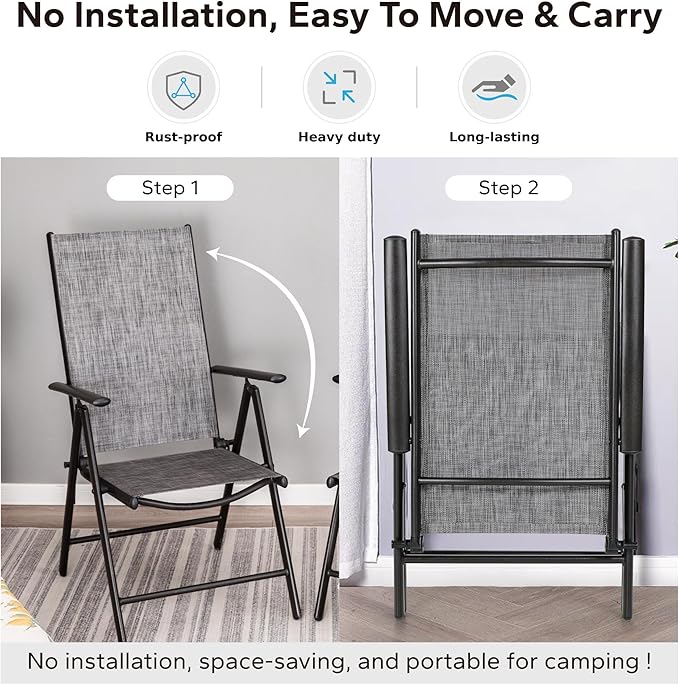 MFSTUDIO Patio Folding Dining Chairs Set of 2, Outdoor Patio Chairs, Portable Grey Sling Patio Chairs, 7 Levels Adjustable Sling Back Chairs for Garden Lawn Deck