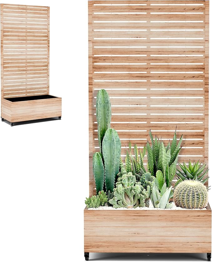 Large Metal Planter Box with Trellis and Wheels for Climbing Plants, Flower Garden Beds with Privacy Screen & Drainage Holes for Patio (35" L, Square White Wood Grain)