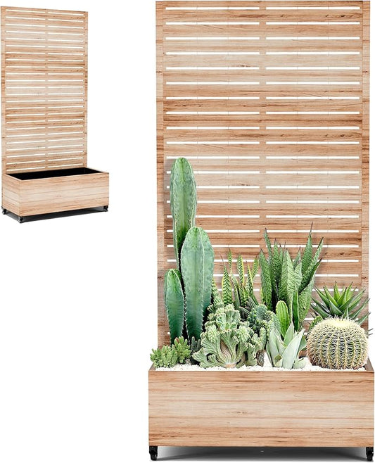 Large Metal Planter Box with Trellis and Wheels for Climbing Plants, Flower Garden Beds with Privacy Screen & Drainage Holes for Patio (35" L, Square White Wood Grain)