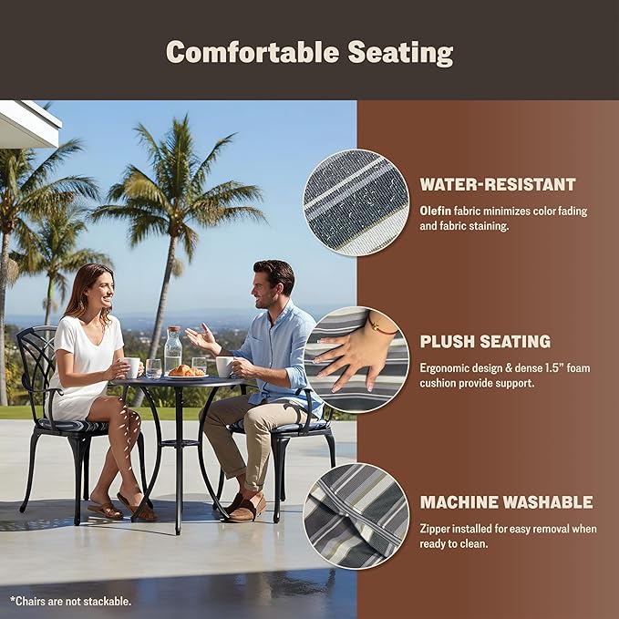 3 Piece Patio Bistro Set, Cast Aluminum Dining Table Set, All Weather Outdoor Round Metal Table with Umbrella Hole and Chairs Set of 2 with Cushion for Outside Garden, Black