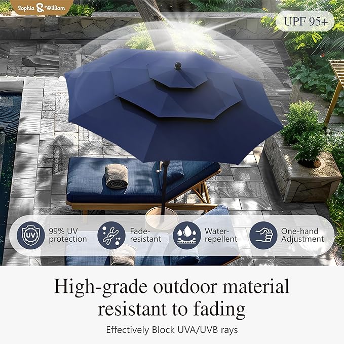 Sophia & William 10ft 3 Tier Auto-tilt Patio Umbrella, Outdoor Double Vented Umbrella with Crank, Navy