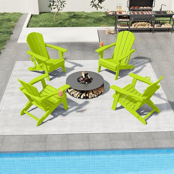 Folding Adirondack Chair, HDPE All-Weather Patio Chairs for Outdoor, Patio, Lawn, Garden, Backyard Deck, Fire Pit - Apple Green