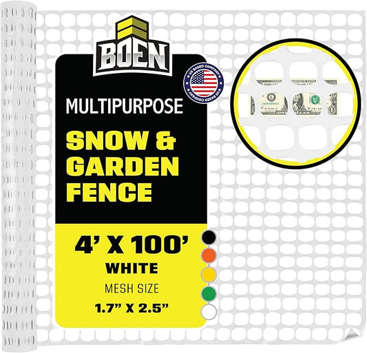 BOEN 4' x 100' White Temporary Fencing, Mesh Snow Fence, Plastic, Safety Garden Netting, Above Ground Barrier, for Deer, Kids, Swimming Pool, Silt, Lawn, Rabbits, Poultry, Dogs