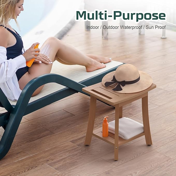 HIPS Shower Benches for Inside Shower, Waterproof Shower Stool with Storage Shelf & Adjustable Feet, SPA Bathroom Seat Chair for Shaving Legs, Indoor or Outdoor Use, Teak Brown
