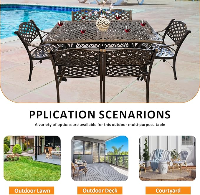Outdoor Patio Dining Set Cast Aluminum 7 Piece Patio Bistro Dining Set,Metal Rectangular Patio Table and Chairs Set for 6 Person with Umbrella Hole,Patio Furniture Sets for Garden,Bronze