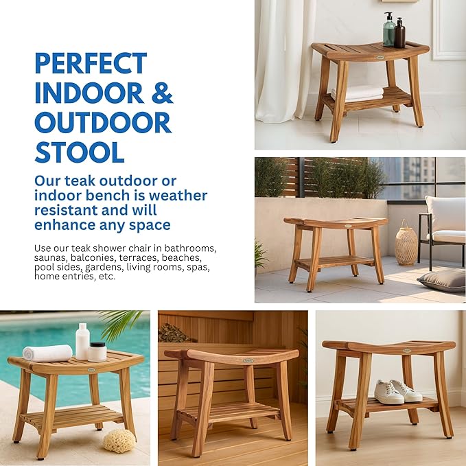 EcoDecors 24 Inch Harmony Natural Color Waterproof Teak Wood Shower Bench Stool Seat Chair For Inside Shower Storage Shelf Provides Safety, Storage, and Organization For Bathroom Accessories