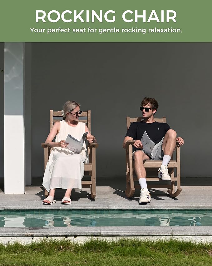 Oversized Outdoor Rocking Chair, High Back Porch Rocker Chair,HDPE All Weather Resistant RockingChairs for Patio, 380lbs Weight Capacity,Teak