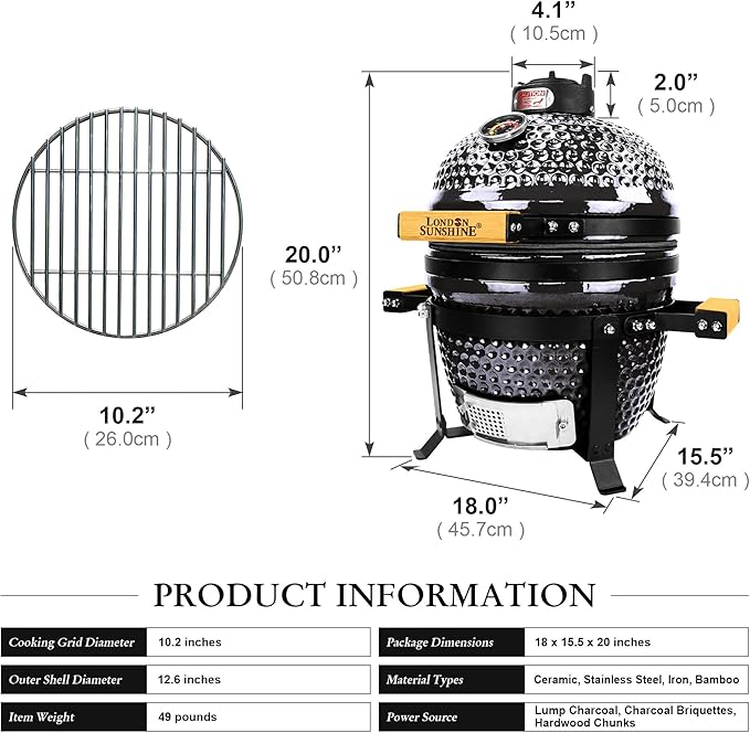 Ceramic BBQ Charcoal Kamado Grill 13 inch Portable Tabletop BBQ Bright Gray