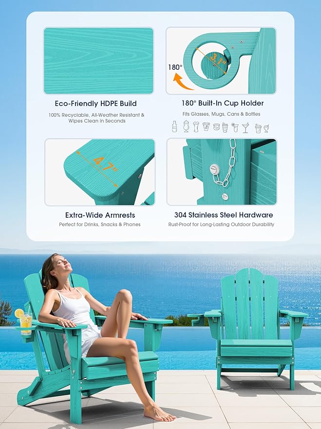 KINGYES Adjustable Folding Adirondack Chair, 3-Position Reclining Adirondack Chairs with Cup Holder, HDPE All-Weather Oversized Adirondack for Outdoor, Patio, Backyard Deck, Fire Pit, Aruba Blue