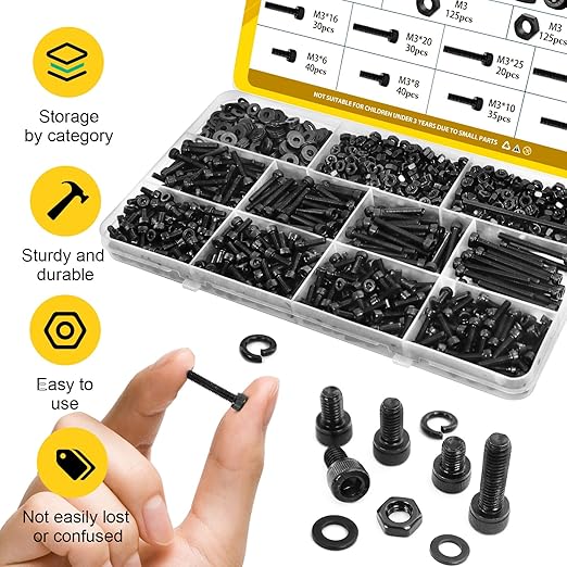 750PCS M3 Screws Assortment Kit, M3x6/8/10/12/16/20/25/30 mm Hex Socket Head Bolts, Nuts & Washers Assorted Set - 12.9 Alloy Steel Black Zinc Plated M3 Screw for 3D Printer,DIY