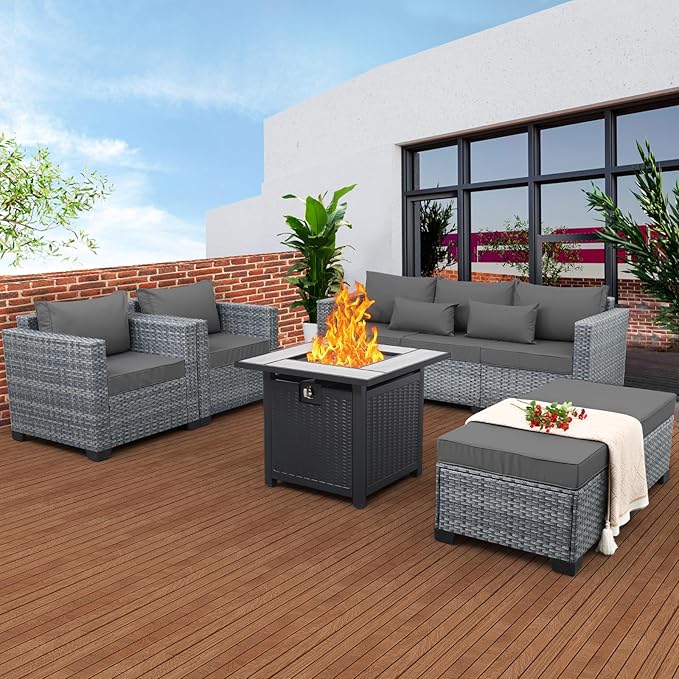 6 Pieces Wicker Patio Furniture Sets Outdoor Conversation Set PE Rattan Sectional Sofa Couch with 30" Fire Pit Table and Grey Cushions
