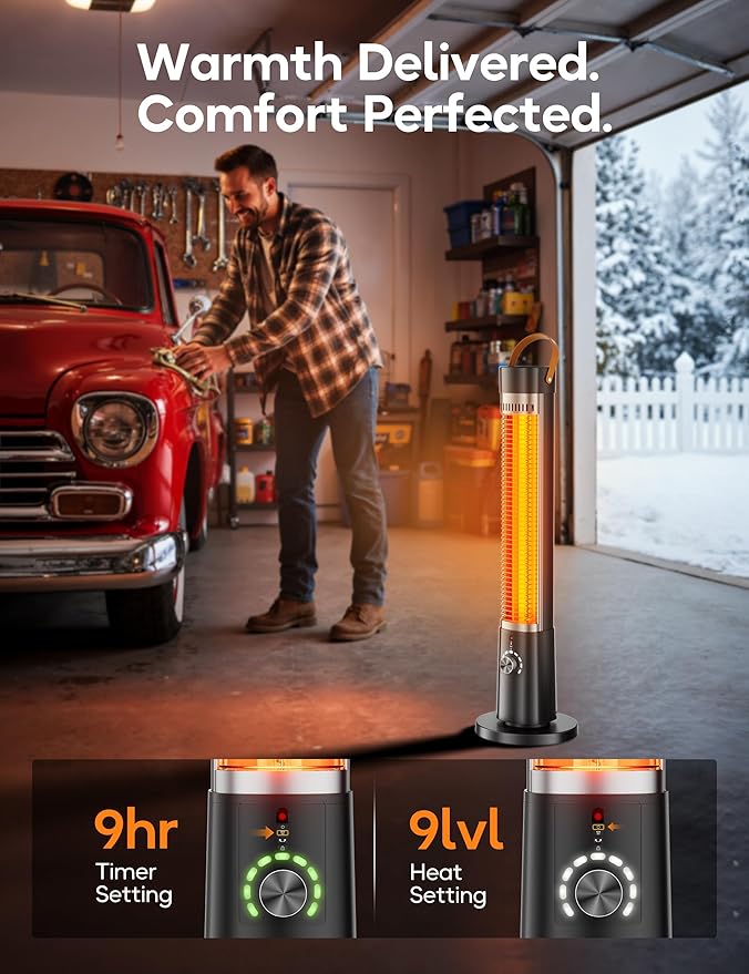 Outdoor Heater for Patio, 32" Infrared Electric Heaters Indoor w/Remote, 1500W, 60° Oscillation, 9H Timer, 9 Heat Level, Tip-Over/Overheating Protection, Safety Lock, for Garage Porch Office Black-3