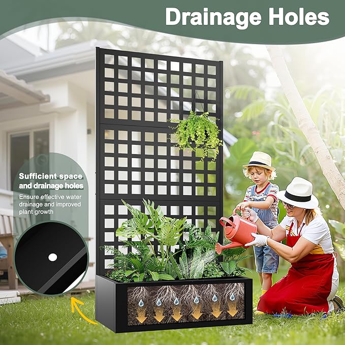 Metal Planter Box with Trellis, Raised Garden Bed for Climbing Plants，Privacy Screen with Garden Boxes，Drainage Hole for Vegetables, Flowers, Vines (35" L×16" W×71" H, Black)