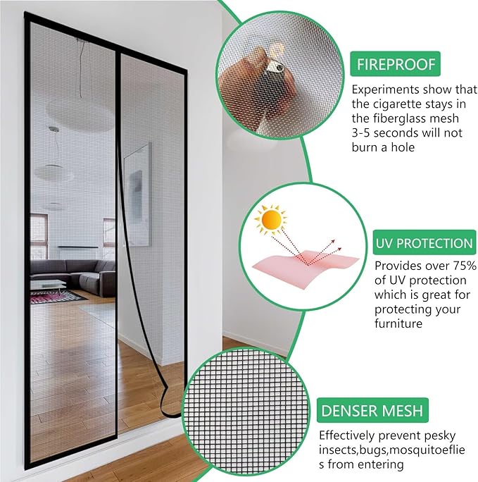RELIANCER Fiberglass Magnetic Door Screen,Fit Door Size 30"x78",Auto Close Screen Door Mesh w/Magnets,Patio Doorway Net Screens,Self-Closing Doors Cover,Anti Mosquito Doorway Curtain,Mesh Partition