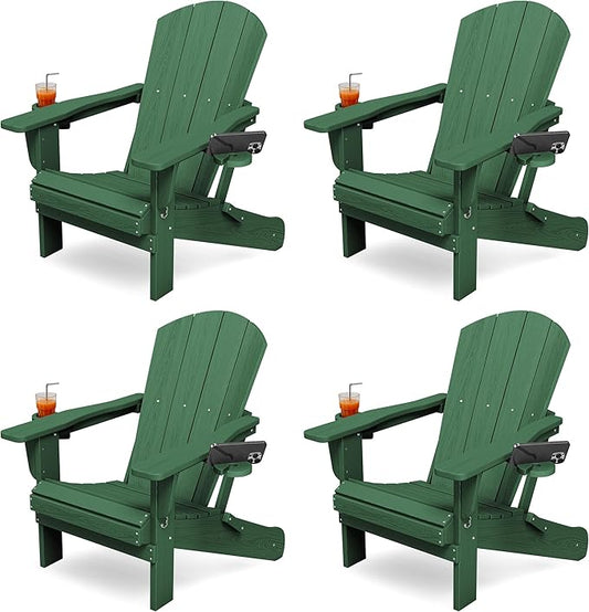 KINGYES Folding Adirondack Chair Set of 4, Dual Cup Holders & All-Weather HDPE, Wood-Like Patio Chair for Backyard, Camping, Pool & Fire Pit, Dark Green
