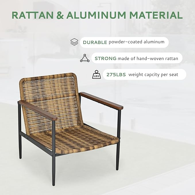 3-Piece Patio Outdoor Bistro Sets, All Weather Rattan Patio Furniture Set with Aluminum Frame Chairs and Side Table, Classic Wooden Armrest & Waterproof Olefin Cushion for Yard Deck Porch