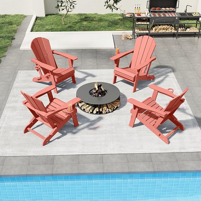 Folding Adirondack Chair Set of 4, HDPE All-Weather Patio Chairs for Outdoor, Patio, Lawn, Garden, Backyard Deck, Fire Pit - Light Red