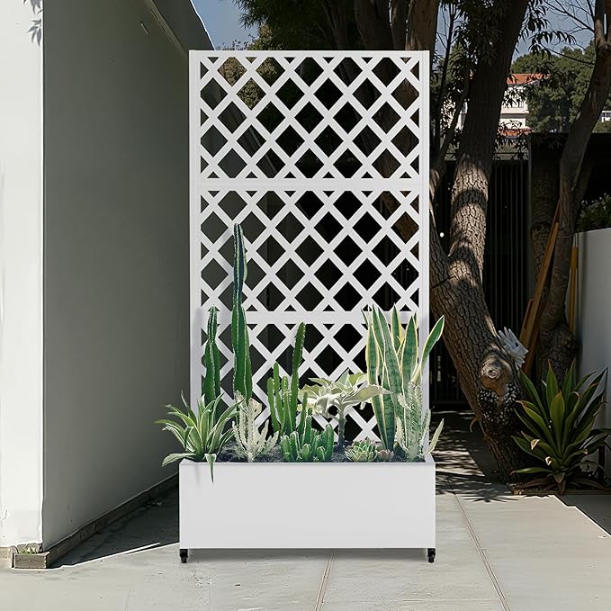 Metal Large Garden Bed with Trellis & Wheels, Planter Box with Privacy Screen for Climbing Plants, Privacy Planters for Patio, 35" L Garden Boxes with Drainage Holes (White Diamond)