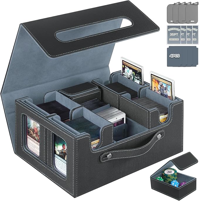 Trading Card Storage Box for MTG, MTG commander deck box，Multi-purpose Deck Case for MTG TCG Sports Card, 4 Toploaders, 4 Stoppers, 4 Colorful Dividers (Black & Grey)