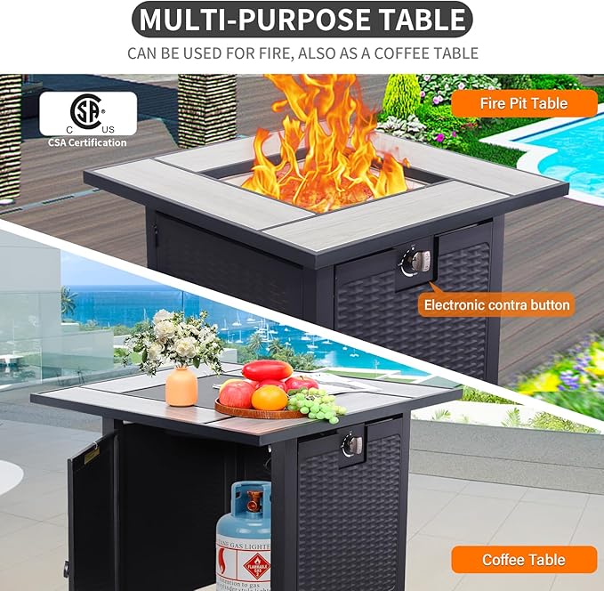 6 Pieces Wicker Patio Furniture Sets Outdoor Conversation Set PE Rattan Sectional Sofa Couch with 30" Fire Pit Table and Royal Blue Cushions