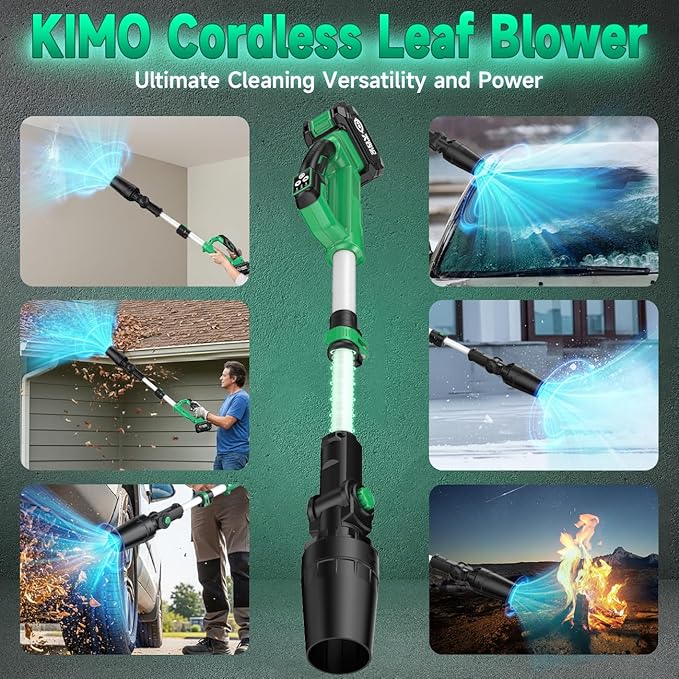 KIMO Leaf Blower Cordless with Battery and Charger, 310000RPM, 37Inch Telescopic Pole, 750CFM 280MPH, 3Speeds w/Smart Panel, Lightweight 2.5Lb, 2PCS 4000mAh Battery Operated Leaf Blowers for Lawn Care
