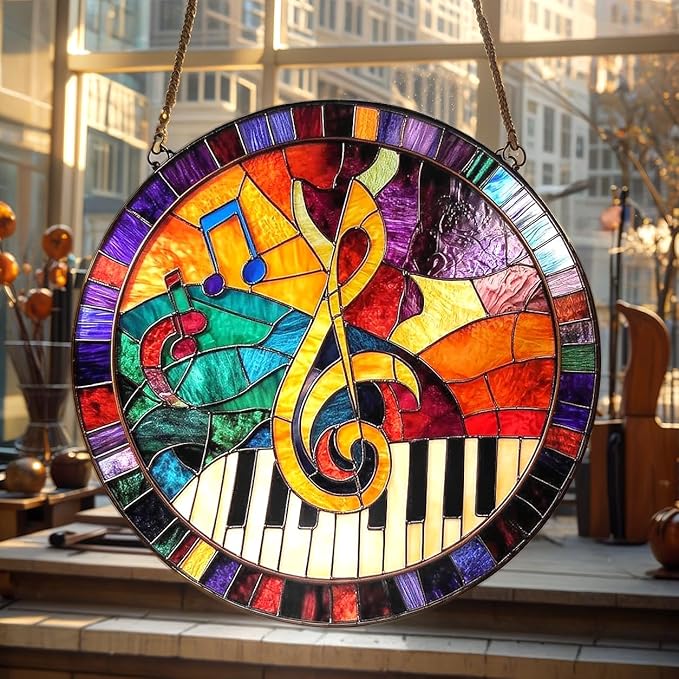 Music Christmas Ornament Treble Clef Suncatcher Piano Window Hanging Acrylic Stained Glass Effect Art Garden Decor Unique Gift for Music Teachers Musicians Thanksgiving