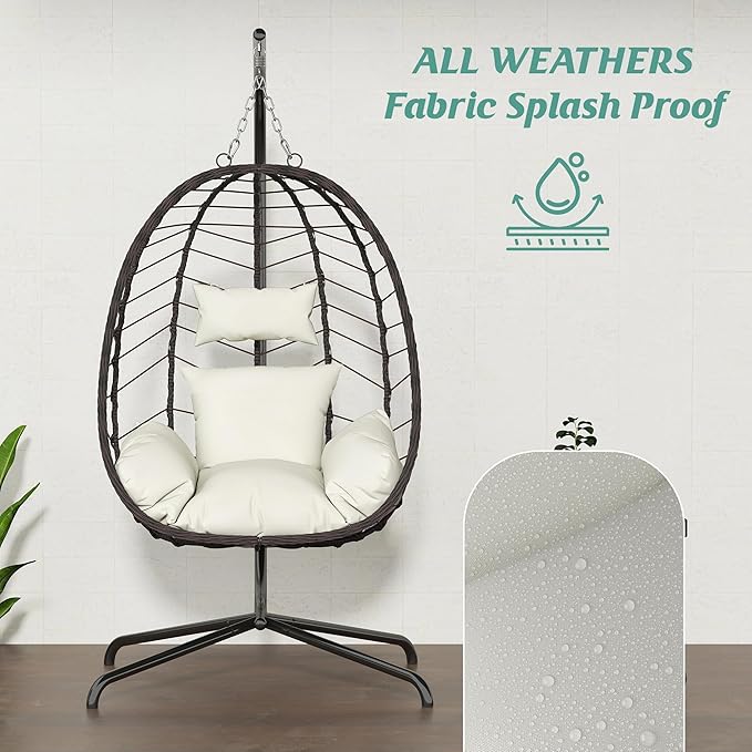 Hanging Egg Chair with Stand, Swinging Egg Chair Outdoor Indoor, Hanging Basket Chair with Cushion, Patio Wicker Hammock Chair 350lbs Capacity for Bedroom, Porch, Balcony, Backyard, Garden (Beige)