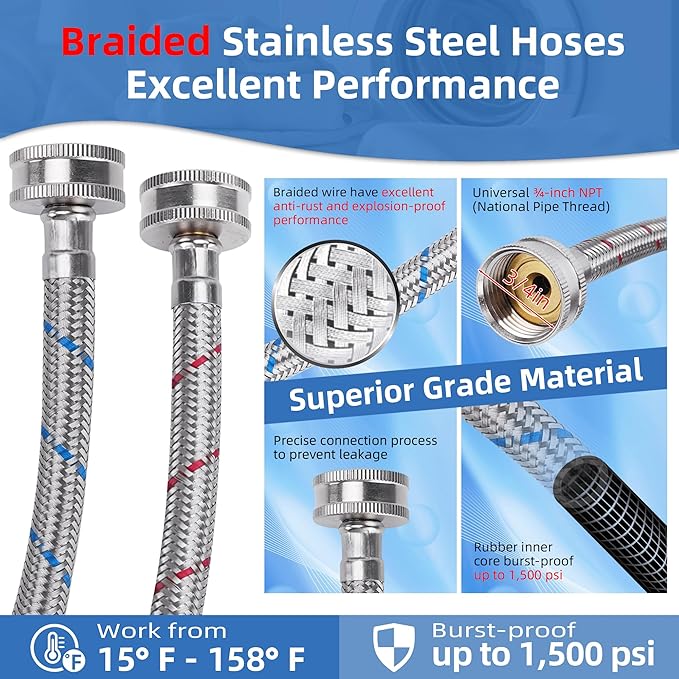 Stainless Steel Washing Machine Hoses 4FT Washer Hoses 3/4" NPT Connection Red and Blue Water Supply Lines by Fetechmate Hot and Cold Washer Hoses (2 Pack) - 10 YEAR WARRANTY