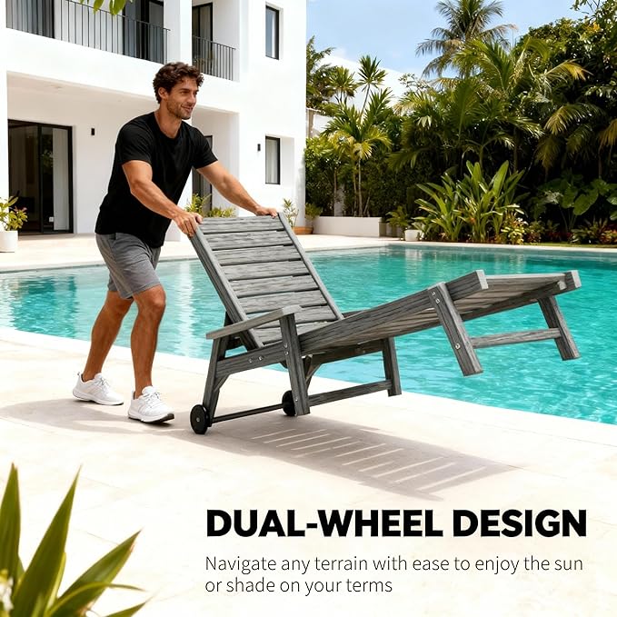 Chaise Lounge Chairs for Outside, HDPE Outdoor Lounge Chairs with Adjustable Backrest, Wheels, Armrest, All Weather Poly Lumber Recliner for Patio, Poolside, Porch (Grey)