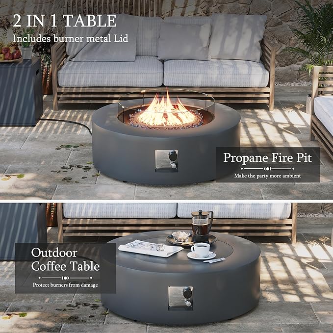 UPHA 42-inch Outdoor Propane Gas Fire Pit Table 50000 BTU Iron Round Firepit for Outside Patio with Tank Hidden Table, Wind Guard, Removable Lid, Blue Glass Rocks, Rain Cover, Grey
