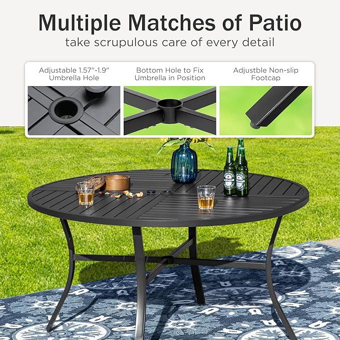 PHI VILLA 5 Piece Outdoor Dining Set with Umbrella for 4, Round Metal Steel Dining Table & Wicker Chairs with Cushions & Beige Umbrella, Modern Furniture for Patio, Deck, Yard, Porch