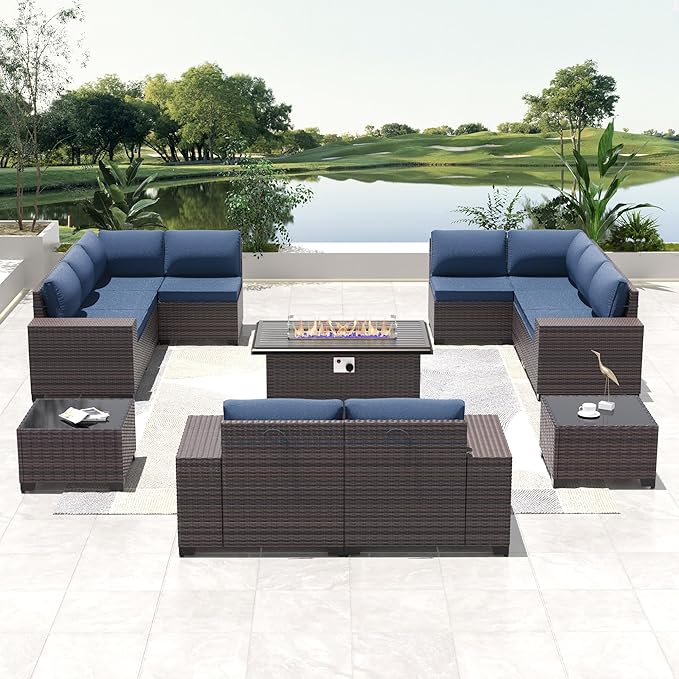 Outdoor Patio Furniture Set with Propane Fire Pit Table, 13 Pieces Outdoor Furniture Patio Sectional Sofa Conversation Sets w/ETL Approved 43" Gas Outdoor Fire Table & Coffee Table(Dark Blue)