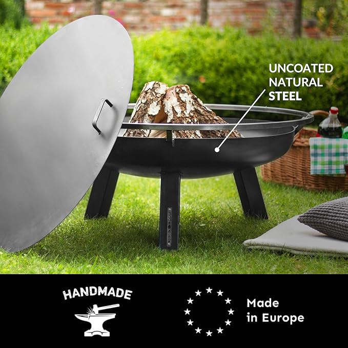 Ember 24" Handcrafted Cooking Fire Pit with Cover Lid Attachment for Wood Burning Fireplace for Backyard Grilling Campfire for Camping, Medium Outdoor Medium Steel Firepit by Good Directions