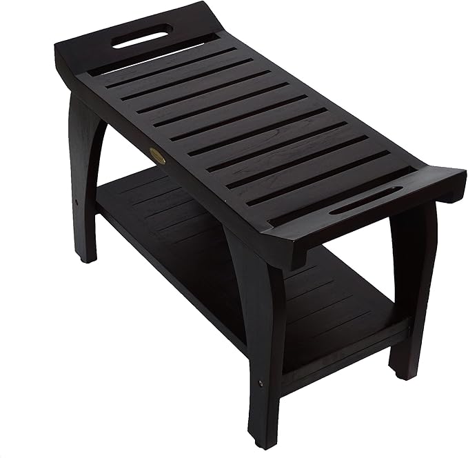 DecoTeak Tranquiity 30 Inch Brown Waterproof Teak Wood Shower Bench Stool Seat Chair for Inside Shower Provides Safety, Storage, and Organization for Bathroom Accessories