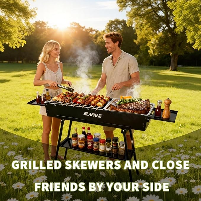 Portable Charcoal Grills, Foldable Hibachi BBQ Grills with Sturdy Construction for Camping, Backyard, Picnic, Travel Outdoor Cooking (31.6x7.1x5.1 inch), Black