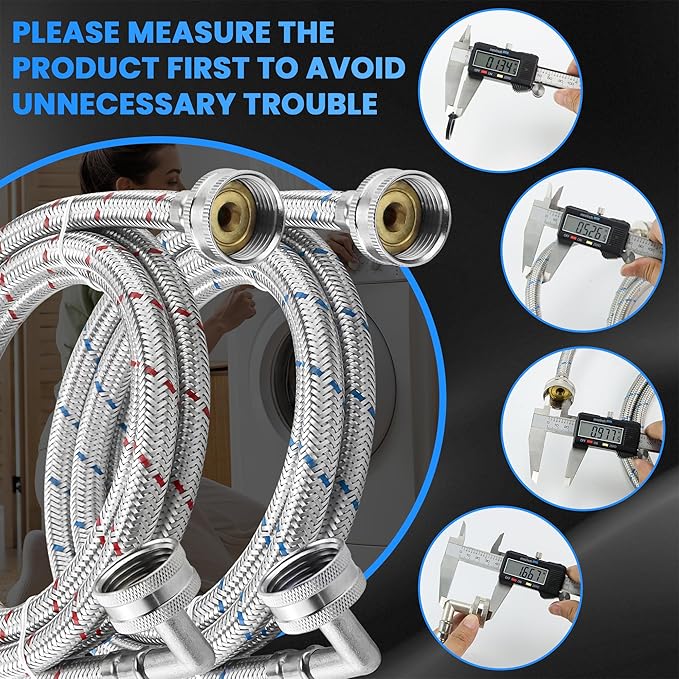 6FT Washer Stainless Steel Hoses with 90 Degree Elbows - Burst Proof 3/4" FHT Standard Thread Hot and Cold Water Connection Inlet Supply Lines by AMI PARTS