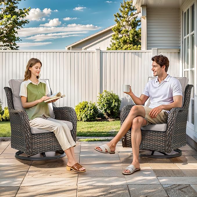 Outdoor Swivel Rocker Patio Chairs Set of 4 with Coffee Table - 5" Thick Cushion 8 Piece Furniture Set All Weather Comfortable Wicker Conversation Set for Porch Deck - Brown/Beige