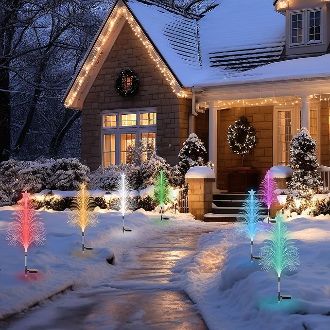 Solar Christmas Tree Lights, 4Pack 7 Color IP44 Waterproof Changing Solar Optical Fiber Stake Lights Christmas Decorations with Topper Star for Garden Yard Pathway Lawn Outdoor