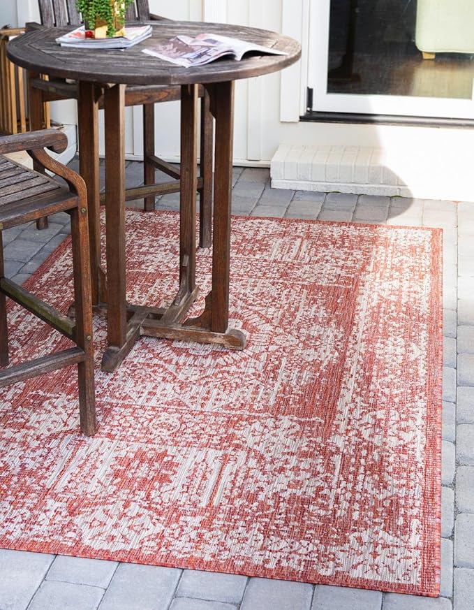 Unique Loom Outdoor Traditional Collection Area Rug - Timeworn (2' x 3' 1" Rectangle Rust Red/Gray)