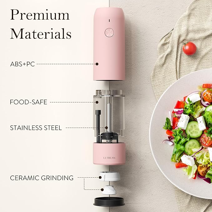 Ultrean Electric Pepper Grinder, Rechargeable Salt and Pepper Grinder with 6 Adjustable Coarseness, Automatic Grinder for Kitchen, LED Light, Christmas Gifts for Women, Pink