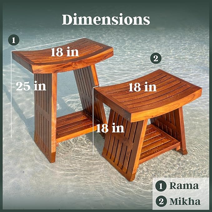 Teak Shower Bench 18 Inch – Fully Assembled Waterproof Seat with Curved Design – Durable Wooden Stool for Bathroom, Spa, or Outdoor Use