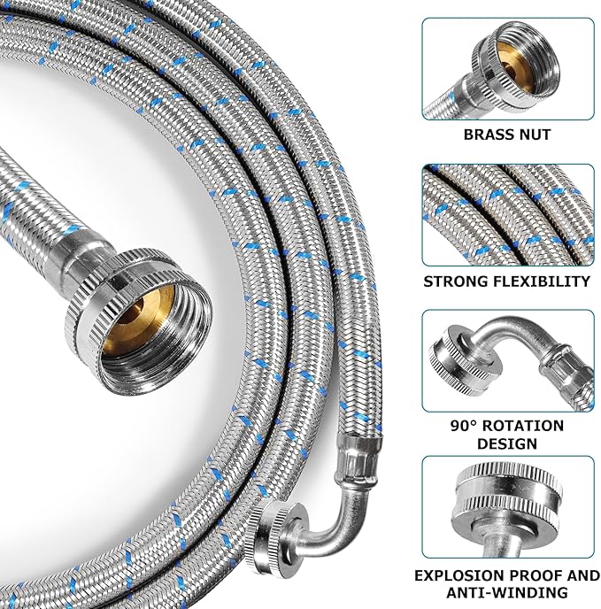 12 FT Washing Machine Hoses 2 Pack - 3/4" NPT Standard Interface, 90 Degree Elbow Stainless Steel Burst Proof Washer Water Supply Line, Universal Fit Easy & Secure Tightening