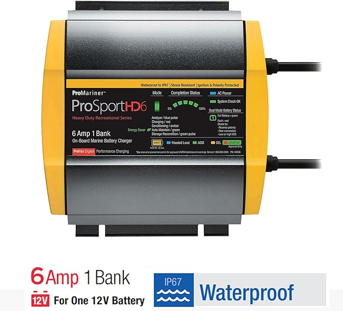 ProMariner 44006 ProSport HD Waterproof Marine Battery Charger, 6 Amp, 1 Bank