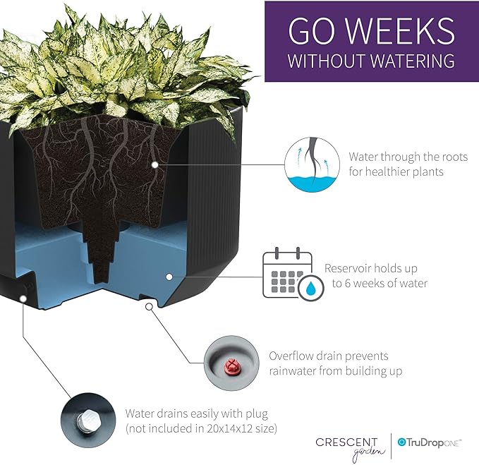 Crescent Garden Modular Self-Watering Trough Plant Box with TruDrop Water Level Indicator - Large Rectangular Deck Planter for Indoor & Outdoor Plants, Modern Garden Bed - 40"x20"x20"H (Caviar Black)