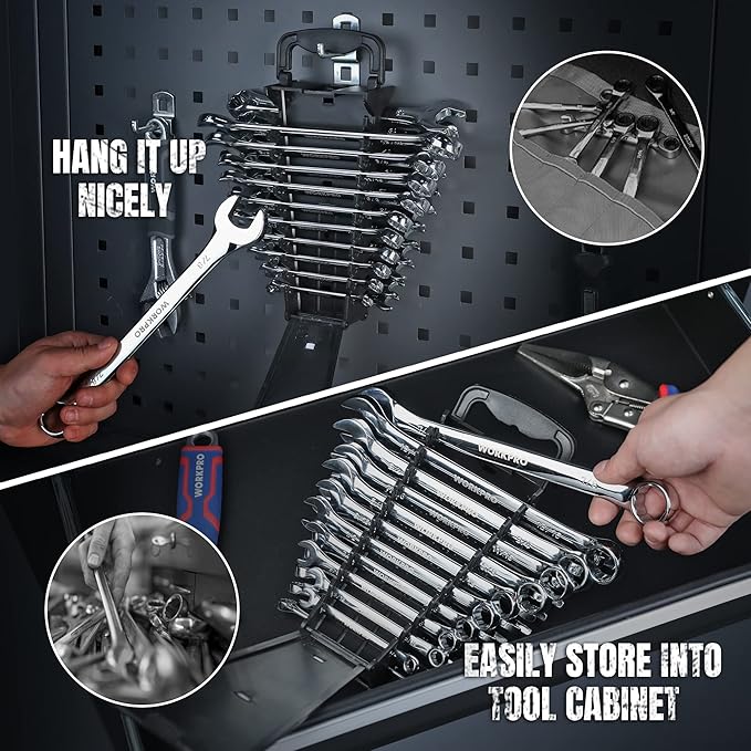 WORKPRO Mechanics Wrench Set Metric and Standard, 22PCS Complete Combination Wrenches Set. SAE 1/4" to 7/8", Metric 9mm to 19mm, Automotive Wrench Set with Rack Organizer