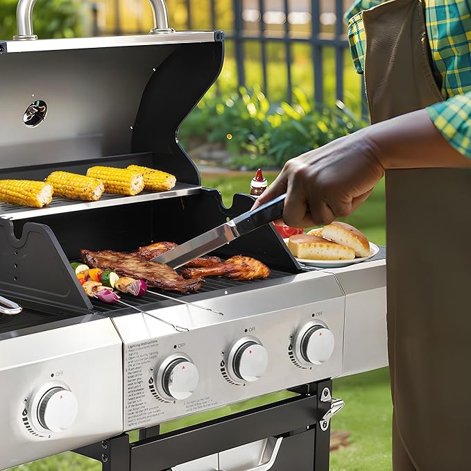 Fast Ignition Outdoor Gas Grill, Independent Multi-Burner & Built-in Thermometer, Easy-Clean Stainless Steel BBQ Grill for Camping Patio Backyard Cooking