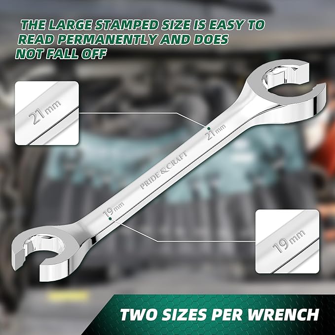 PRIDE&CRAFT 12-Piece Flare Nut Wrench Set, Metric & SAE,6-21mm & 1/4" to 7/8", CR-V Steel, 15°Offset Design, Brake Line Wrench Set with Organizer Pouch